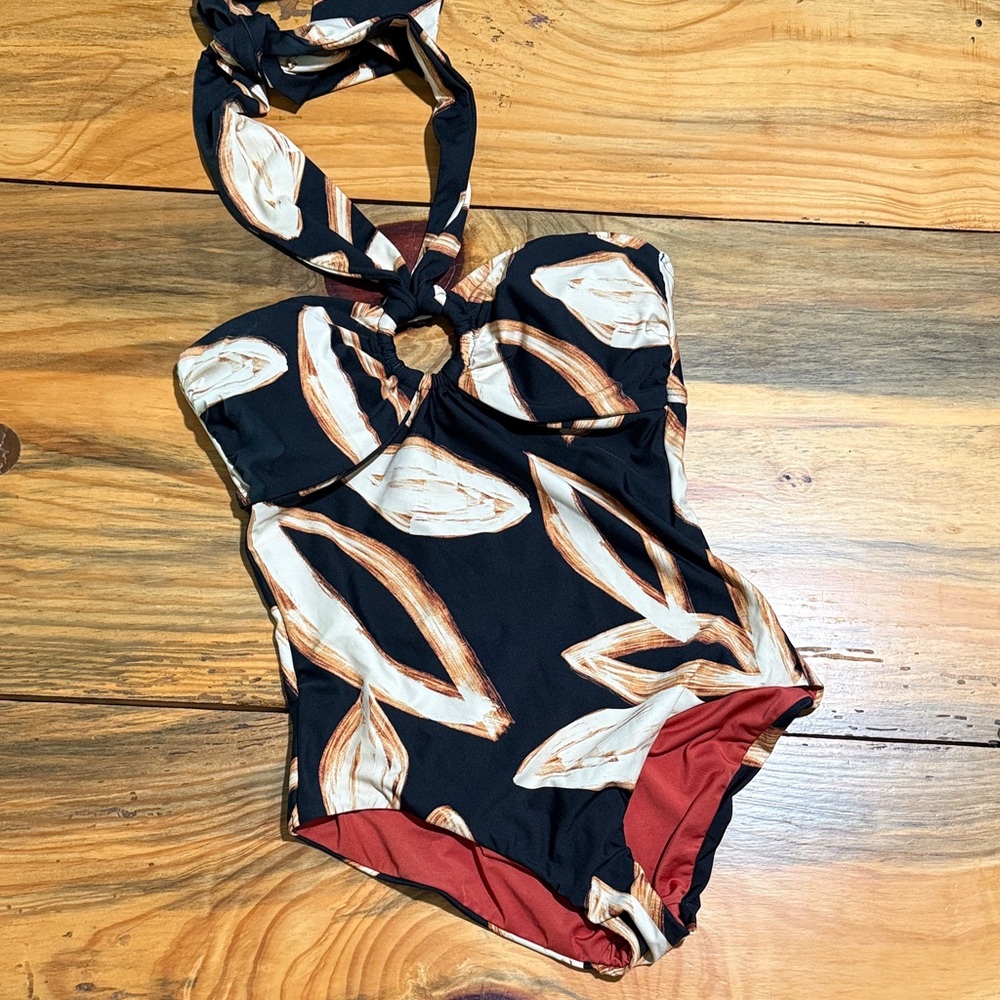 DKNY Black One-Piece Swimsuit with Cream & Brown Leaf Print, Women’s 8, NWOT - Picture 1 of 9